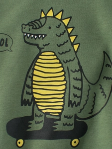 Sudadera infantil verde oscuro con un lindo dinosaurio de dibujos en monopatín