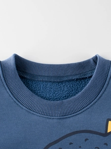 Blaues Fleece-Sweatshirt für Jungen mit Rundhalsausschnitt und Dinosaurier-Aufdruck