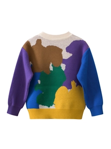 Kids color-block knit sweater with vibrant patchwork design and classic crewneck