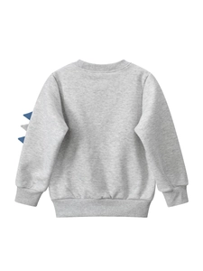 Grey toddler sweatshirt with blue dinosaur spine detail on the back, cotton blend knitwear