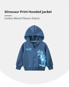 Detail of fleece-lined blue kids' hoodie featuring a cartoon dinosaur and ROAR print