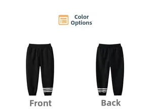 Front and back view of boys' black cotton jogger pants with white ankle stripes
