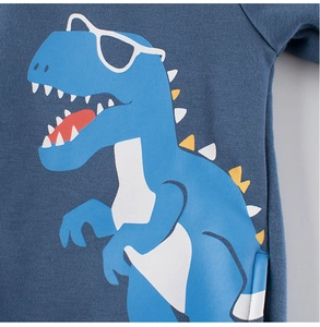 Close-up of a blue kid's hoodie showing a cool dinosaur print with white sunglasses