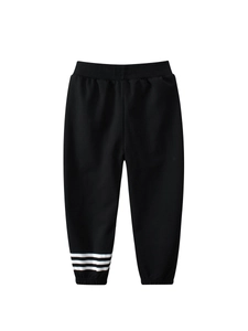 Boys black cotton sports sweatpants with white triple ankle stripes and elastic waist
