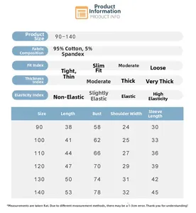 Size chart for kids cotton long sleeve T-shirt with fabric and measurement details