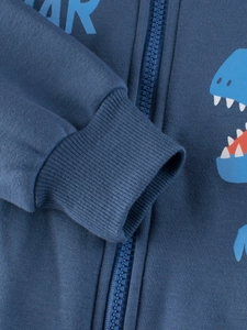 Blue fleece lined toddler jacket with zipper, dinosaur print and ribbed cuffs