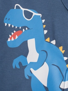Kids navy zip-up hoodie featuring a trendy blue cartoon dinosaur with sunglasses print