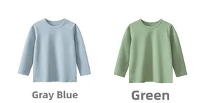Detailed view of grey-blue and green cotton long-sleeve T-shirts for kids
