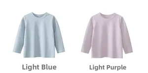 Flat lay of solid color cotton long sleeve t-shirts in light blue and light purple