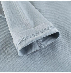 Close-up of double-stitched cuff on a dusty blue long-sleeve cotton T-shirt for kids