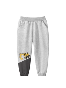 Boys Joggers Cotton French Terry Fabric Excavator Cartoon Pattern Casual Sports Sweatpants Grey Color Block Sweatpants
