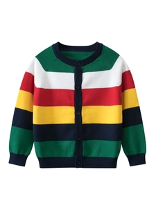 Jongens Gebreid Vest Trui Katoen Regenboog Gestreapt Lange Mouw Knoopsluiting Ronde Hals Peuter Kinderen Casual Bovenkleding