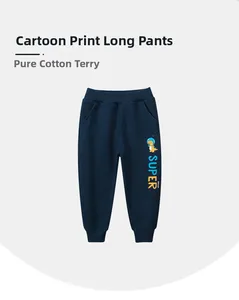 Detailed shot of navy blue kids cotton french terry joggers with dinosaur print