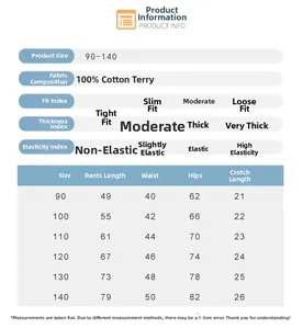 Detailed size chart for kids cartoon dinosaur cotton pants showing measurements in cm