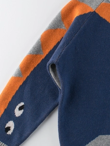 Blue and orange dinosaur knitted sweater with cartoon eye details for toddler boys