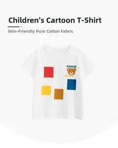 Close-up of cotton fabric and cartoon bear print on white short-sleeve boy's T-shirt