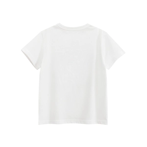 Flat lay back view of white cotton short-sleeved T-shirt with neat round neck and stitching