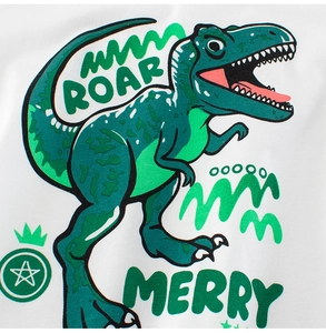 Détail de l'imprimé dinosaure vert et texte Roar sur un t-shirt en coton blanc enfant