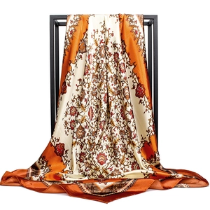 Elegant 90cm satin silk scarf with vintage floral prints in orange and cream white