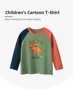 Detail of boys' cotton long sleeve T-shirt with dinosaur print and raglan sleeves