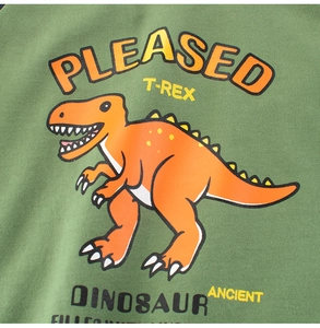 Close-up of a cartoon T-Rex print on a green cotton long sleeve T-shirt for boys