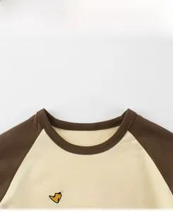 Detail of the round neckline and cartoon dinosaur print on a raglan long-sleeve tee