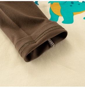 Close-up of raglan sleeves with brown ribbed cuffs and dinosaur print on cotton fabric