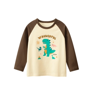 Detail of dinosaur cartoon print on raglan sleeve cotton t-shirt with Wonderful text