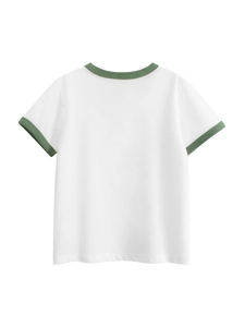 T-shirt enfant en coton blanc avec col et manches contrastés verts, vue de dos