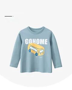 Detail of soft cotton kids long sleeve t-shirt with yellow school bus print