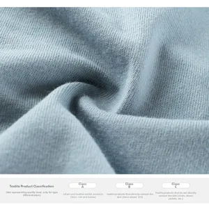 Detail of soft blue-gray knit fabric texture with safety certification standards