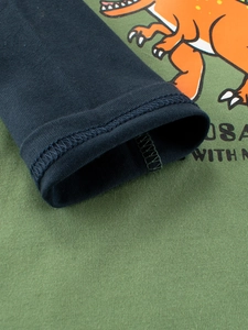 Boys long sleeve cotton T-shirt with cartoon dinosaur print and contrast color design