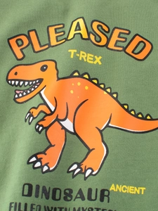 Green long sleeve kids T-shirt with orange cartoon T-Rex and ancient dinosaur print