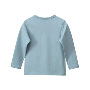 Detail of soft light blue cotton fabric and round neckline of long sleeve kids T-shirt