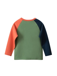 Back view of boys green raglan long sleeve T-shirt with orange and navy blue sleeves