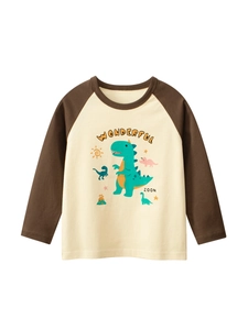 Boys Long Sleeve T-Shirt Pure Cotton Raglan Sleeves Cartoon Dinosaur Print Soft Crew Neck Casual Top For Kids