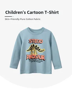Detail of soft skin-friendly cotton fabric and stego dinosaur fossil print on blue t-shirt