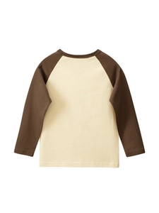 Boys long sleeve raglan T-shirt with brown contrast sleeves and cartoon dinosaur design