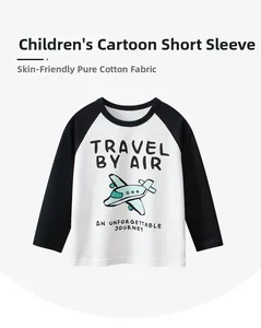 Detail of soft cotton kids long sleeve t-shirt with cartoon airplane print