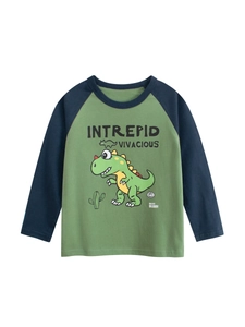 Maglietta a Manica Lunga per Ragazzi in Cotone Maniche Raglan Stampa Dinosauro Cartone Animato Top Casual per Bambini