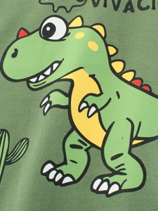 T-shirt a maniche lunghe verde per bambini con stampa di dinosauro e dettagli gialli