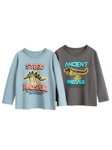 Boys Long Sleeve T Shirt Pure Cotton Dinosaur Fossil Print Round Neck Casual Pullover Top Toddler