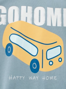 Blue-grey long-sleeved kids' T-shirt with a yellow cartoon bus and GoHome print detail