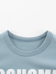 Blue cotton long sleeve t-shirt for boys with white letter print and ribbed crew neck