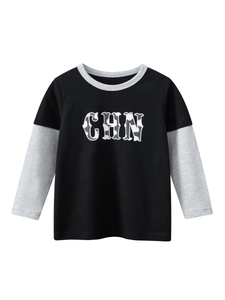 T-Shirt À Manches Longues Pour Garçons En Coton Faux Deux Pièces Col Rond Imprimé Lettres Haut Enfant