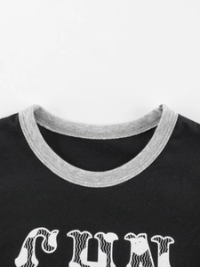 T-shirt à manches longues pour garçons avec col rond contrasté et imprimé graphique FUN
