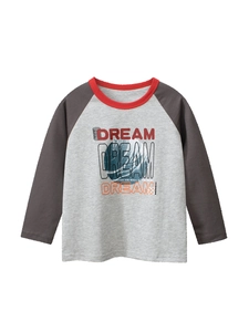T-Shirt Manches Longues 100% Coton pour Garçons Style Coréen Manches Raglan Couleur Contrastée Imprimé Dessin Animé Col Rond