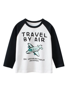 Boys Long Sleeve T-Shirt Cotton Raglan Sleeve Airplane Print Round Neck Casual Autumn Travel Tops