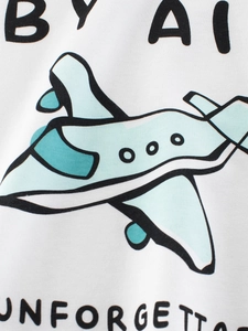 Close-up of kids white cotton T-shirt with cartoon airplane print and artistic typography