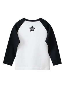 Kids long sleeve raglan T-shirt with black star print and Travel by Air text design